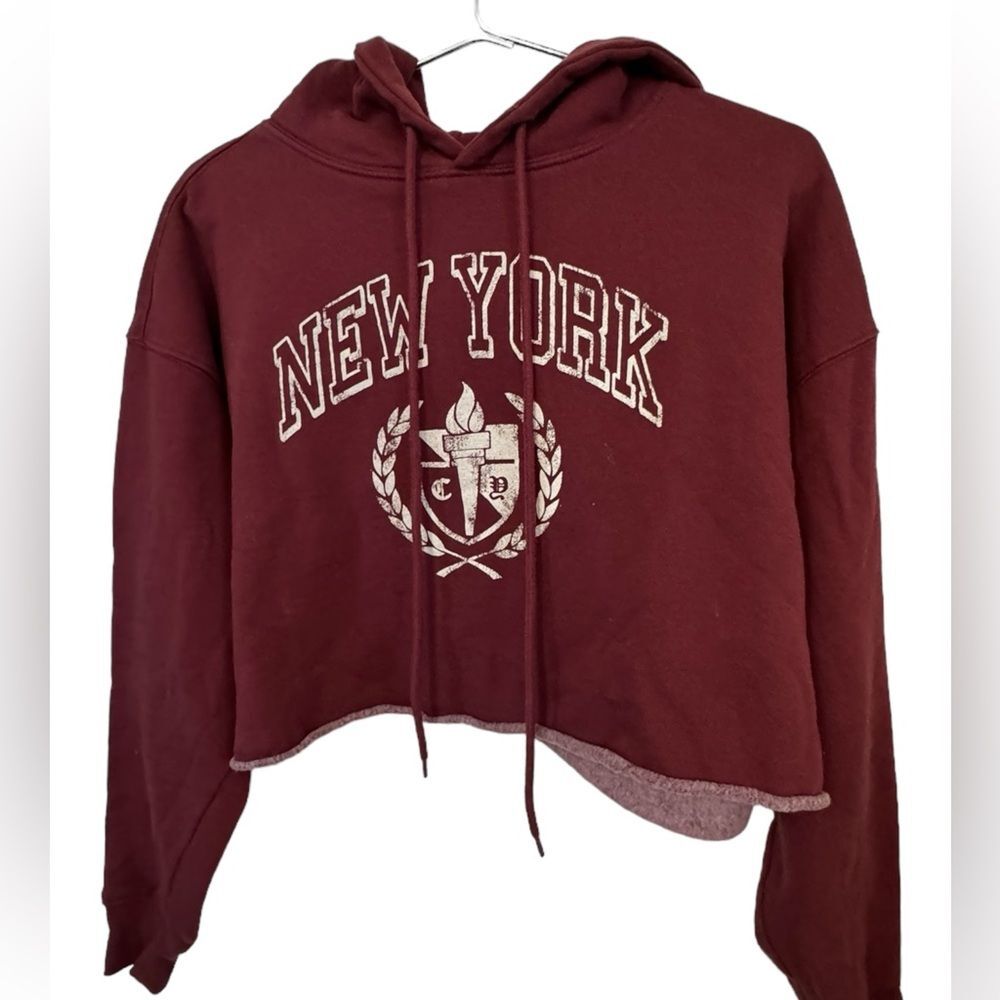 Retro Maroon NEW YORK Spell Out Cropped Hoodie Women’s XL